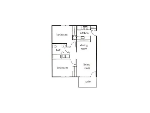 A floor plan of a house with a living room, dining room, kitchen, two bedrooms, a bathroom and a patio.